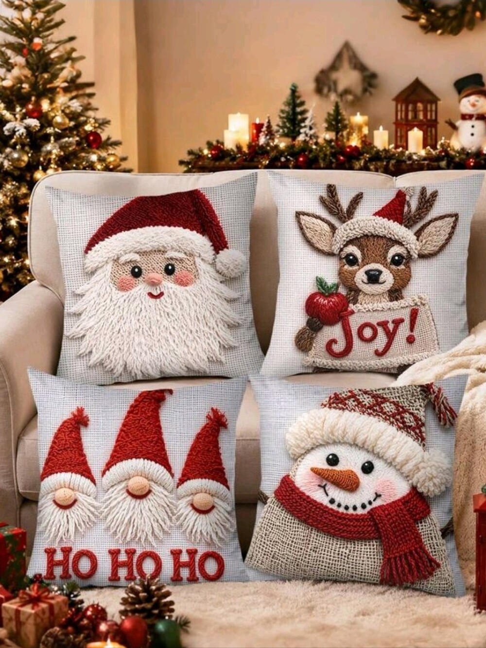 Holiday Decorative Throw Pillow Set - Festive Red and White